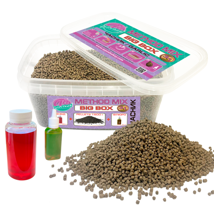 Method mix BIG BOX 3 IN 1 Часник Ø 3.0 мм, (pellets 1500г+ліквід 250ml+флюрогель 50ml)