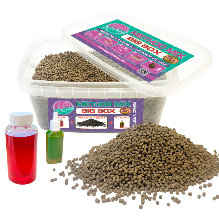 Method mix BIG BOX 3 IN 1 Медова слива Ø 3.0 мм, (pellets 1500г+ліквід 250ml+флюрогель 50ml)