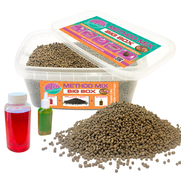 Method mix BIG BOX 3 IN 1 Тигровий горіх / цукрова кукурудза Ø 3.0 мм, (pellets 1500г+ліквід 250ml+флюрогель 50ml)