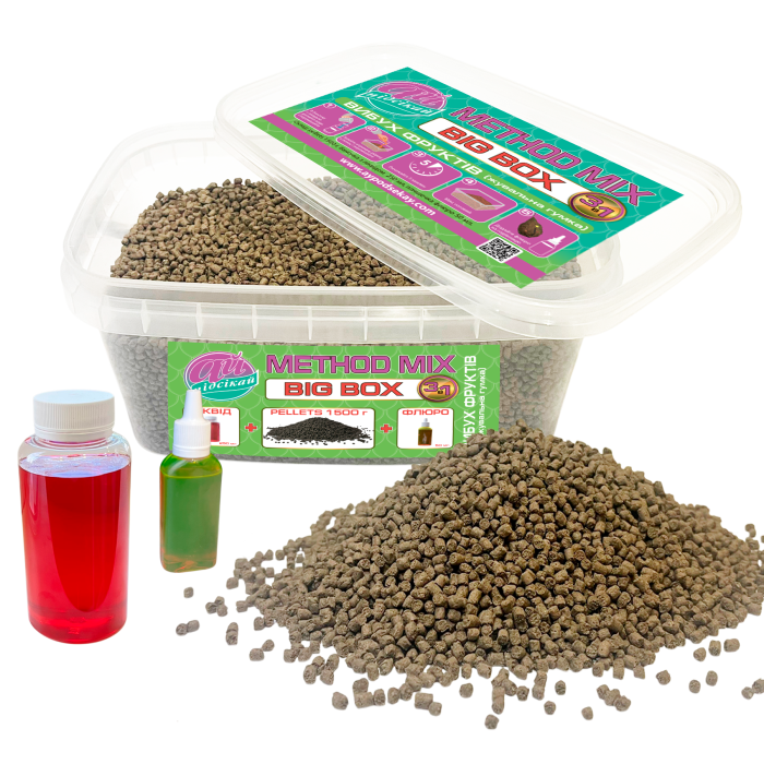 Method mix BIG BOX 3 IN 1 Вибух фруктів ( жувальна гумка ) Ø 3.0 мм, (pellets 1500г+ліквід 250ml+флюрогель 50ml)